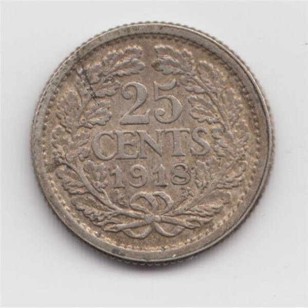 1918 Netherlands 25 Cents Silver Coin