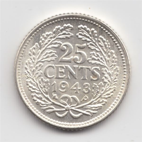 1943 Netherlands 25 Cents Silver Coin