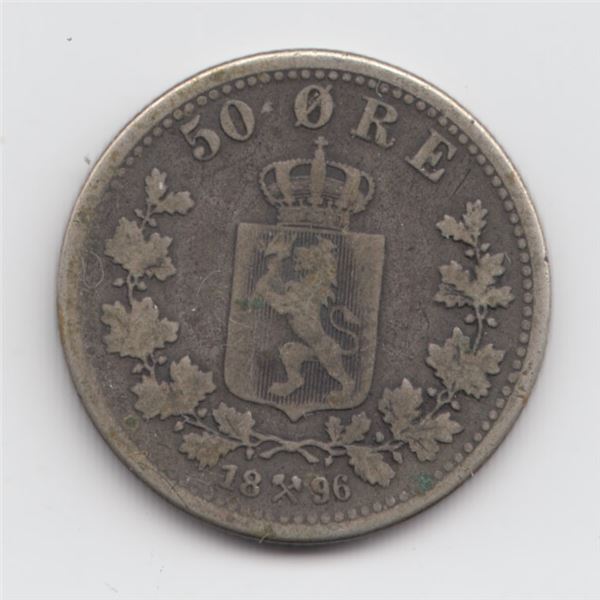 1896 Norway 50 Ore Silver Coin