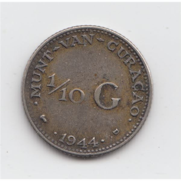 1944 D Curacao 1/10 Gulden Silver Coin