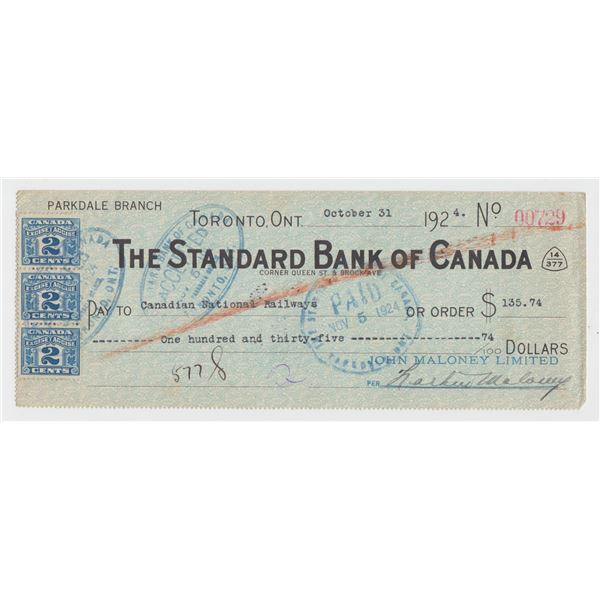 1924 Standard Bank of Canada Cheque