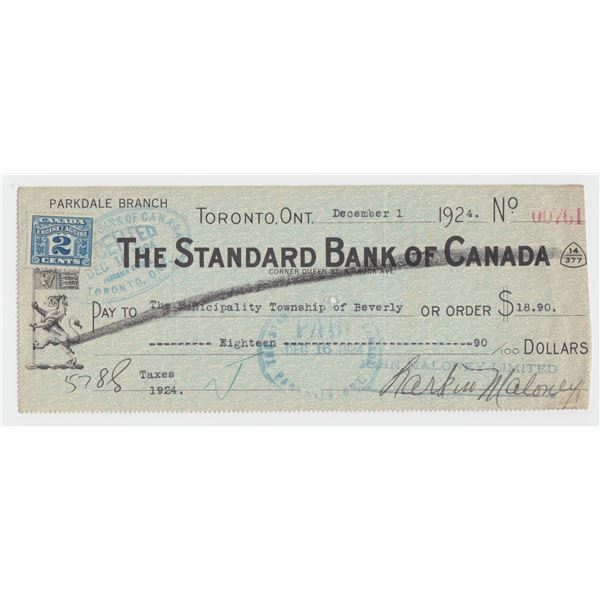 1924 Standard Bank of Canada Cheque