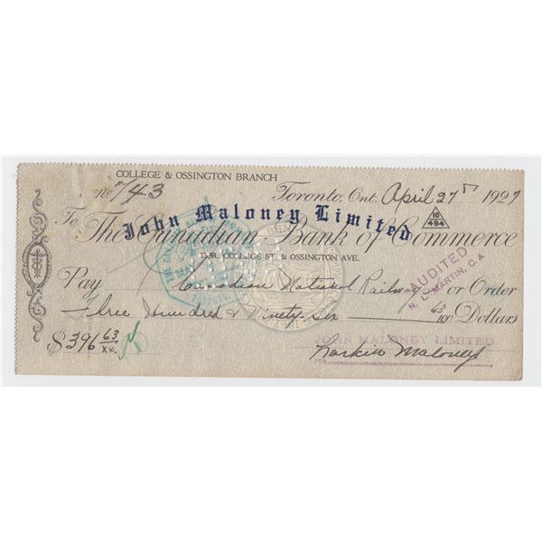 1927 Canadian Bank of Commerce Cheque
