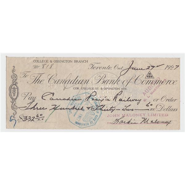 1927 Canadian Bank of Commerce Cheque