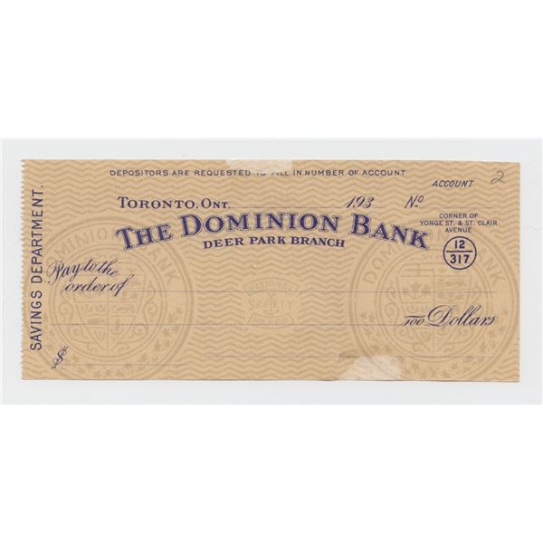 193_ The Dominion Bank Unused Cheque