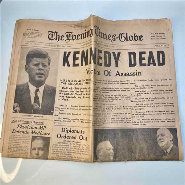 1963 Kennedy Dead Saint John, NB Newspaper