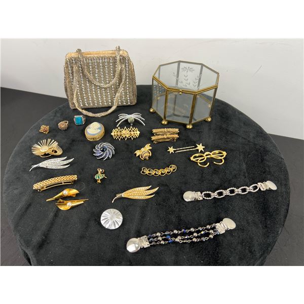 Assortment of Brooches, Hair Accessories, Hand Bag and Jewelry Box