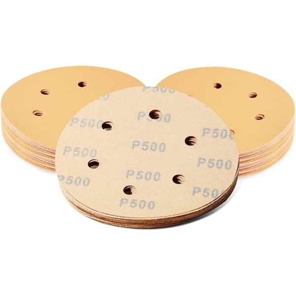 50-Pack Box of Sanding Discs; 6-Inch 500-Grit; 6-Hole Hook & Loop Discs for Orbital Sanders - New