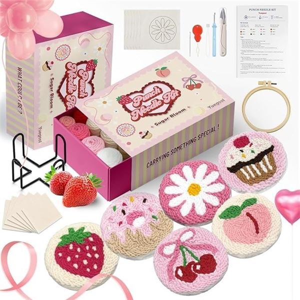 6PC Punch Needle Coasters Craft Kit/Embroidery Kit for Beginners - Includes All Tools Needed! New
