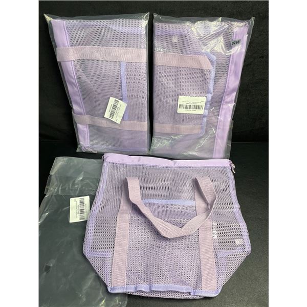 Lot of 3 Portable Mesh Shower Caddy bags/Drawstring Shower Tote Bags with Side Pockets (Purple) New