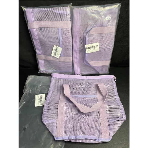 Lot of 3 Portable Mesh Shower Caddy bags/Drawstring Shower Tote Bags with Side Pockets (Purple) New