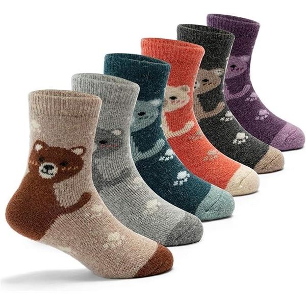 6-Pairs of Girls Warm Thermal Socks/Wool Socks for Kids (Bear Design) - New