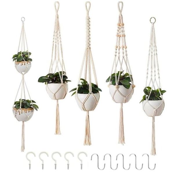 5-Pack of Macrame Plant Hangers/Plant Holders with Hooks for Indoor or Outdoor Use (5 Styles) New