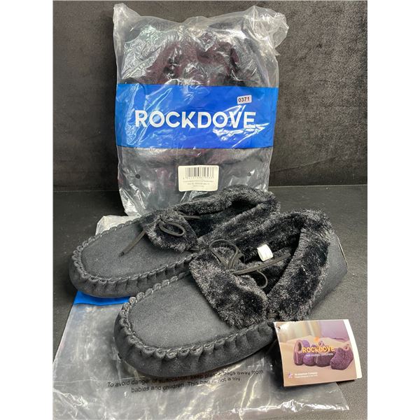 2 Pairs of RockDove Women's Faux Fur Lined Moccasin Slippers (Black) Size 11 w/ Grip Bottom - New!