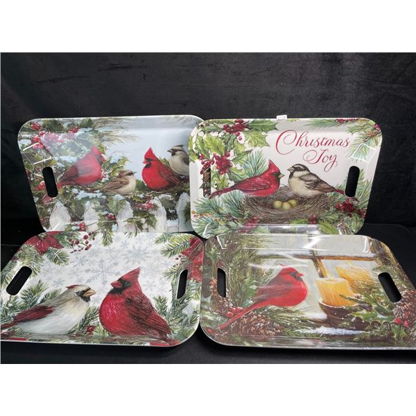 Set of 4 Large (16") Rustic Christmas/Holiday Design Serving Trays - New