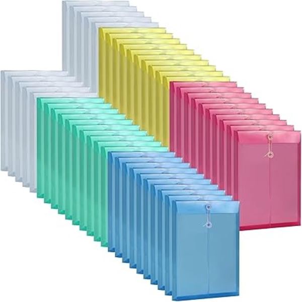 50-Pack of Poly Envelopes with Button String Snap Closure; A4 Letter Size/Assorted Colours - New