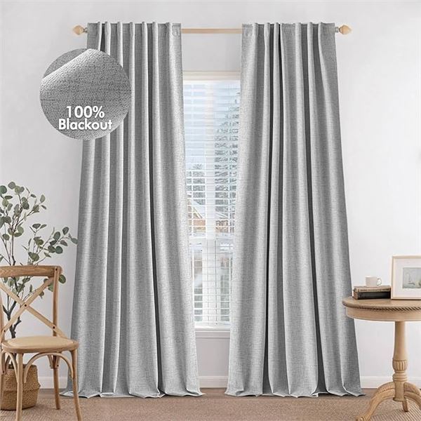 Miulee 2-Panels Linen Blackout Curtains (96" L x 52" W)  Light Grey; 100% Light Blocking - New