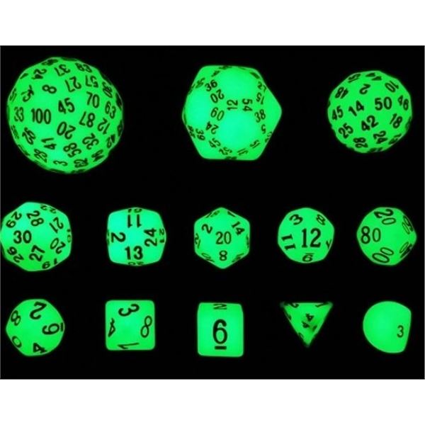 Bescon Dice 13PC Glow-In-The Dark RPG Dice Set D3-D100 Luminous Dice Set for DND/Magic/etc. - New