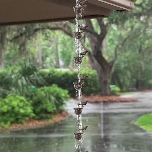 Decorative Rain Chains for Gutters (11.1 FT Length) Rustic Iron Bird 12-Cup Design for Downspouts