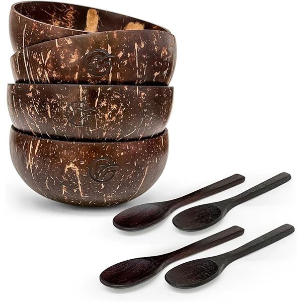 Purpleclay Set of 4PCS Coconut Bowls and Wooden Spoons Set - Natural/Hand-Crafted Design - New!
