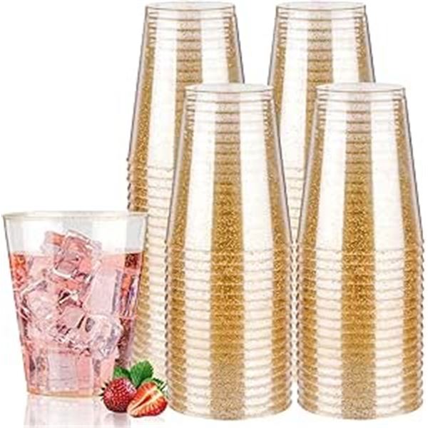 100PCS Gold Glitter Plastic Disposable Cups/Party Cups (10oz) - New in Box