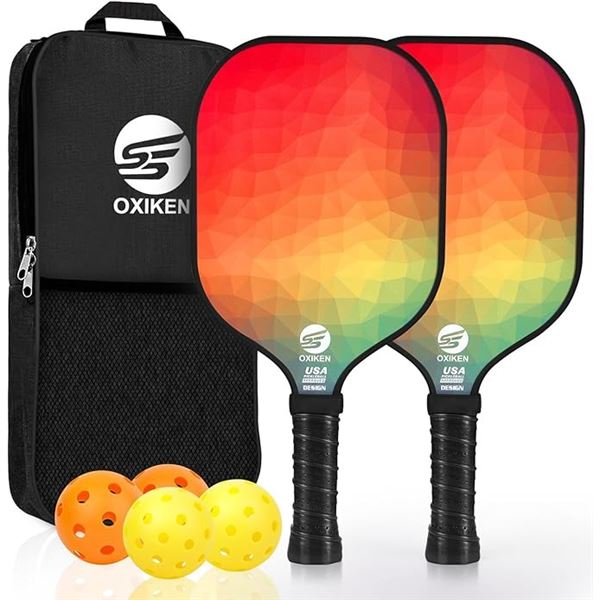 OXIKEN Pickleball Paddles (Set of 2) Carbon Fiber/Anti-Slip Grip with 4 Balls + Storage Bag - New!