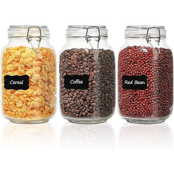 3PC Large Airtight Glass Cannister Set (1.5L) Clear Food Storage Jars for Dry Foods - New!