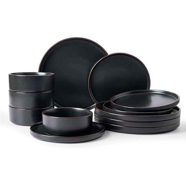 Nebula Ridge Stoneware 12PC Dinnerware Set - Matte Black - Plates and Bowls Set - NEW IN BOX!