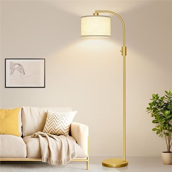 Modern Arc Dimmable Tall (65") Floor Lamp with Linen Shade & LED Bulb; 1200 Lumens (Gold) - New