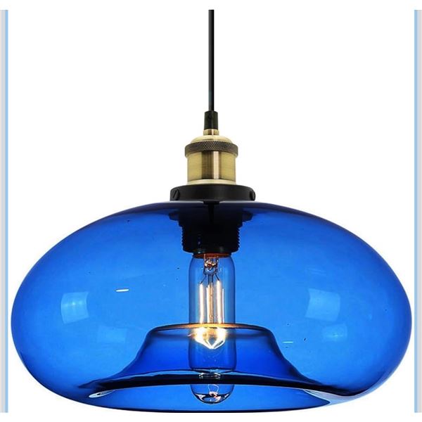 11" Dark Blue Glass Pendant Light - Industrial Vintage Design - New
