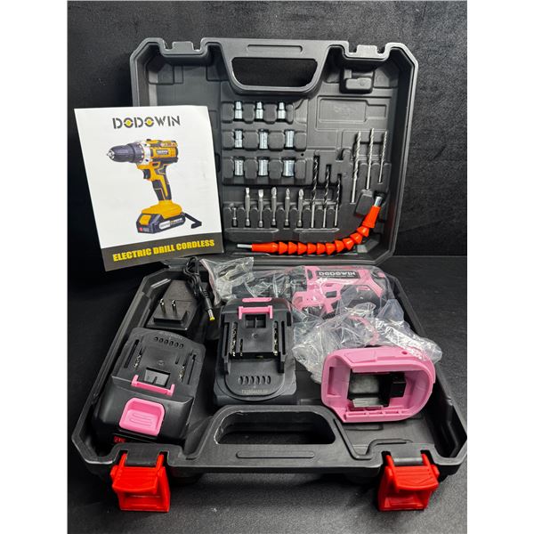 Dodowin Cordless Electric Drill Tool Kit with 2 Batteries Bits and Accessories - Pink - New