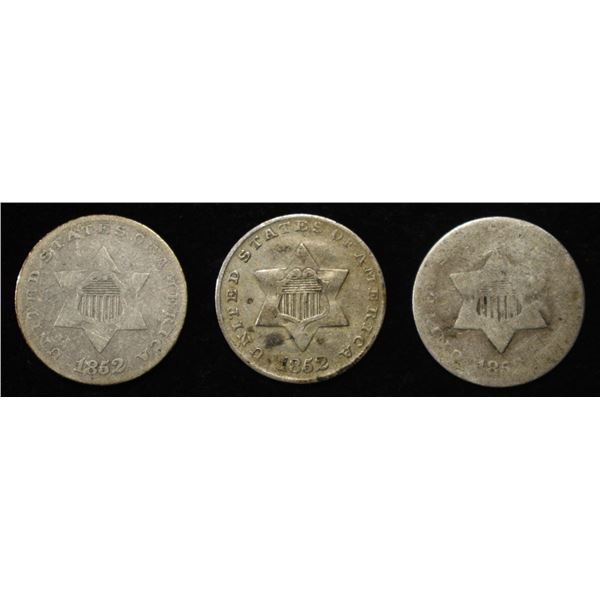 (3) 1852 3-CENT SILVER PIECES