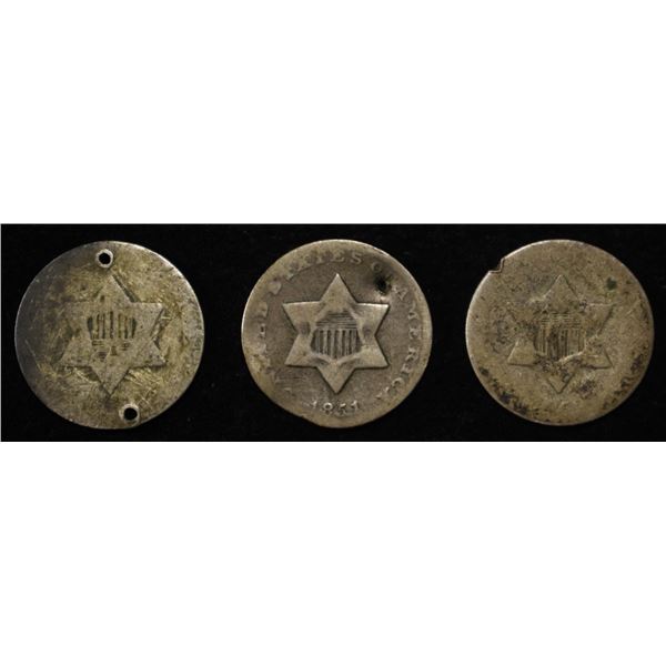 (3) 3-CENT SILVER PIECES DAMAGED
