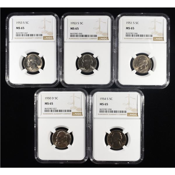 (5) NGC MS65 GRADED JEFFERSON NICKELS