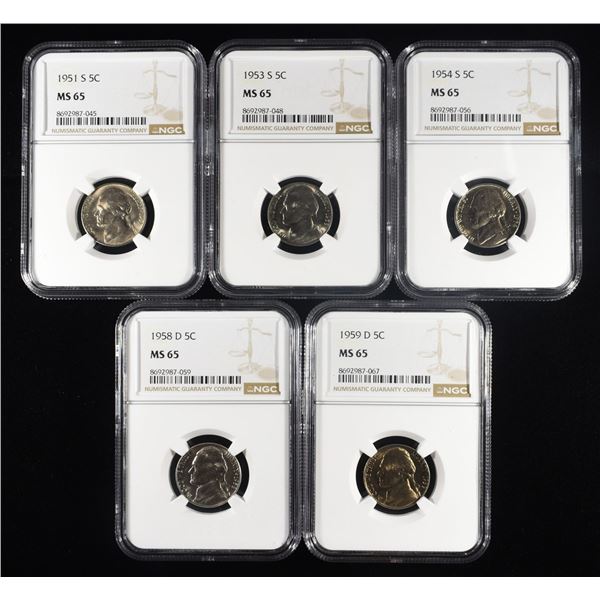 (5) NGC MS65 GRADED JEFFERSON NICKELS