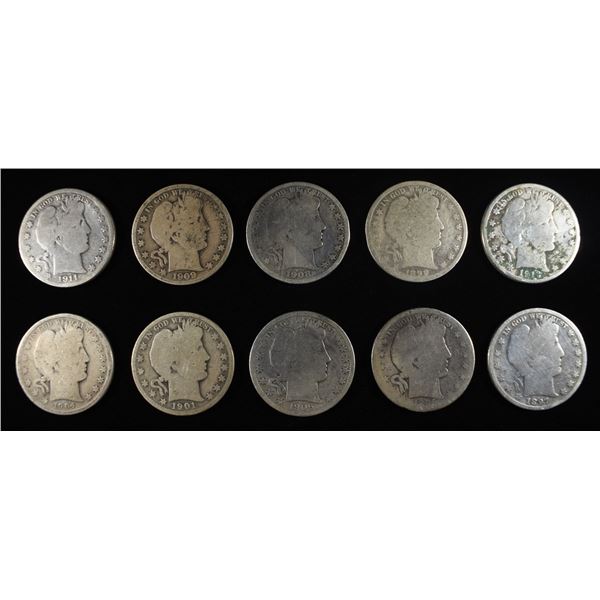 (10) 90% SILVER BARBER HALF DOLLARS