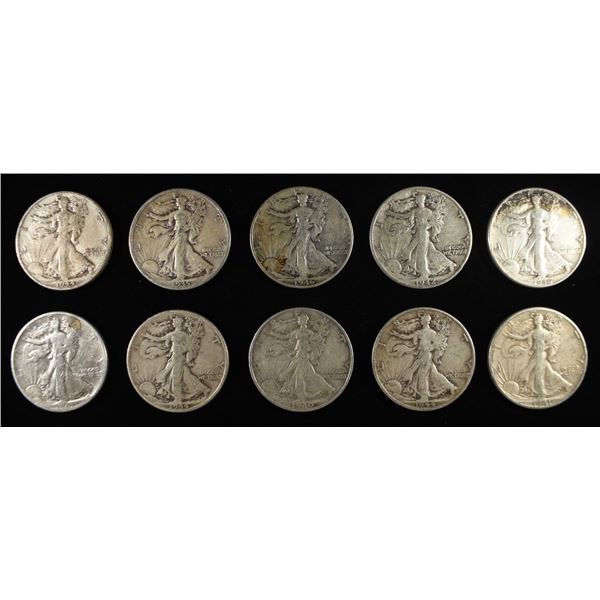 (10) 90% SILVER WALKING LIBERTY HALF DOLLARS