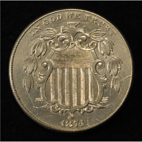 1874 SHIELD NICKEL CH TO GEM BU