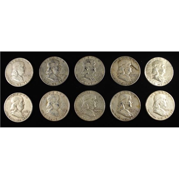 (10) 90% SILVER FRANKLIN HALF DOLLARS