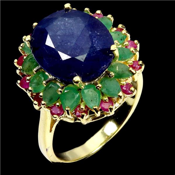 Natural Intense Blue Sapphire Emerald Ruby Ring