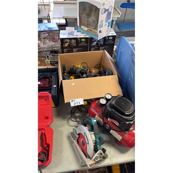ASSORTED POWER TOOLS INCL MISC DRIVERS, PORTABLE COMPRESSOR, JS451L JIGSAW AND MORE