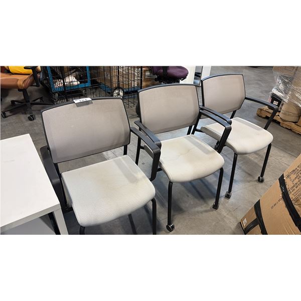 3 GREY MOBILE CLIENT CHAIRS WITH CONDITION ISSUES