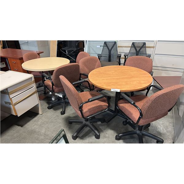 1 MAPLE AND 1 LIGHT MAPLE 30" ROUND TABLE AND 7 ROSE TILTER CHAIRS