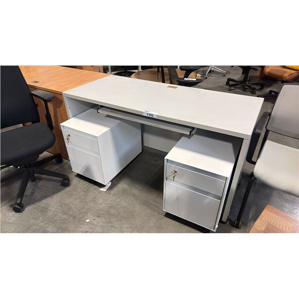 SMALL GREY COMPUTER TABLE AND 2 MOBILE PERSONAL FILE CABINETS
