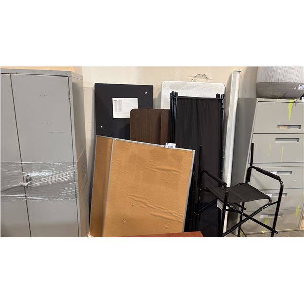 4 ASSORTED FOLDING TABLES, 2 SMALL TACKBOARDS, 6' PULL DOWN SCREEN AND MORE