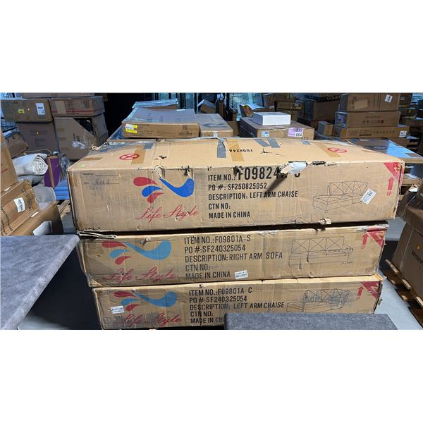 3 READY TO ASSEMBLE FURNITURE INCL LEFT ARM CHAISE, SOFA AND MORE