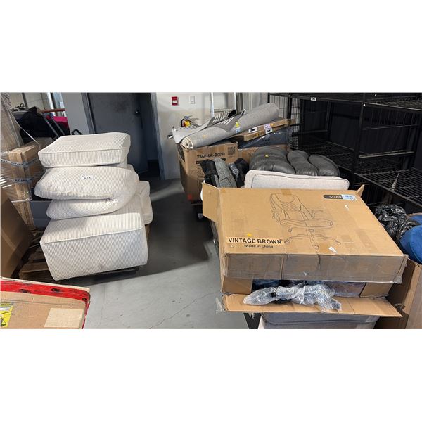 BEIGE CORDUROY OTTOMAN W/ CUSHIONS, GREY OTTOMAN, RUGS AND MORE