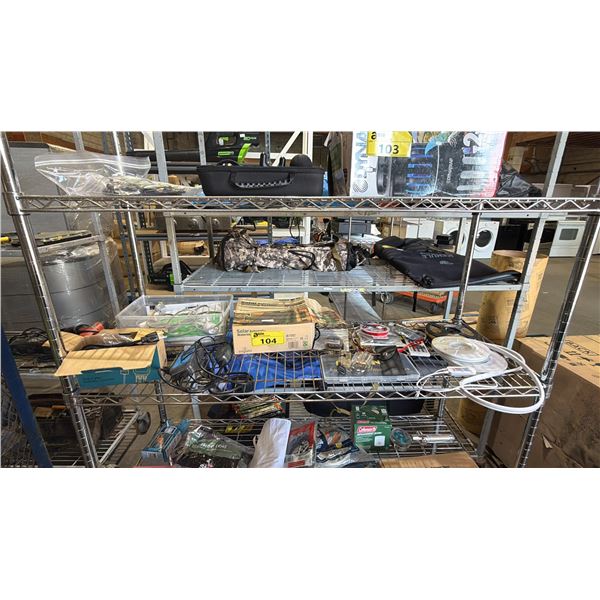 SHELF OF ASSORTED LED STRIP LIGHTS, SOLAR WATERING SYSTEM, HUMIDITY CONTROLLER & MORE