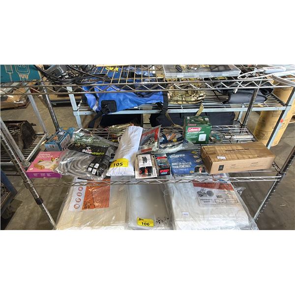 SHELF OF WEATHER STRIPPING, FLOATING DRINK HOLDER, TENT PEGS, MAGNETIC SCREEN DOOR & MORE