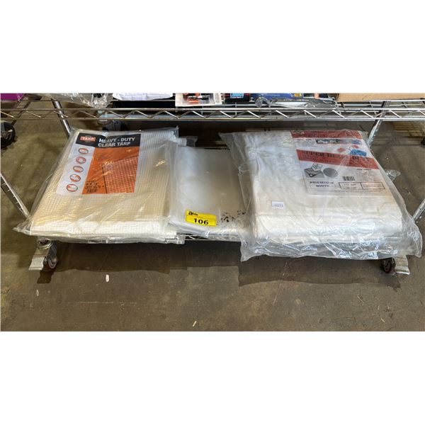 SHELF OF ASSORTED TARPS & PLASTIC SHEETS